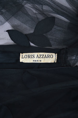 1979 Loris Azzaro Black Silk Jersey Sheer Illusion Petal Motif Billow-Sleeve Gown