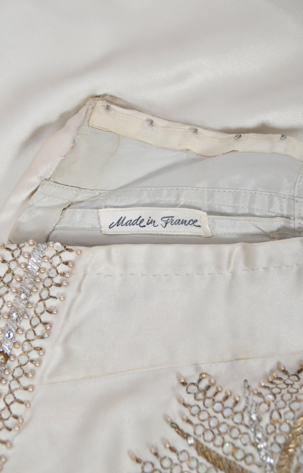 1950&#39;s French Couture Ivory Metallic Embroidered Beaded Silk Skirted Hourglass Gown