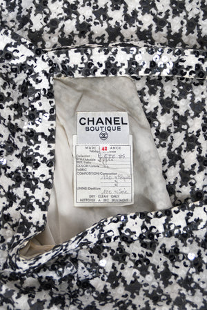1984 Chanel by Karl Lagerfeld Black & White Sequin Houndstooth Silk Bias-Cut Halter Gown