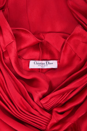 2003 Christian Dior by John Galliano Ruby Red Silk Low Cut Draped High Slit Bias-Cut Dress