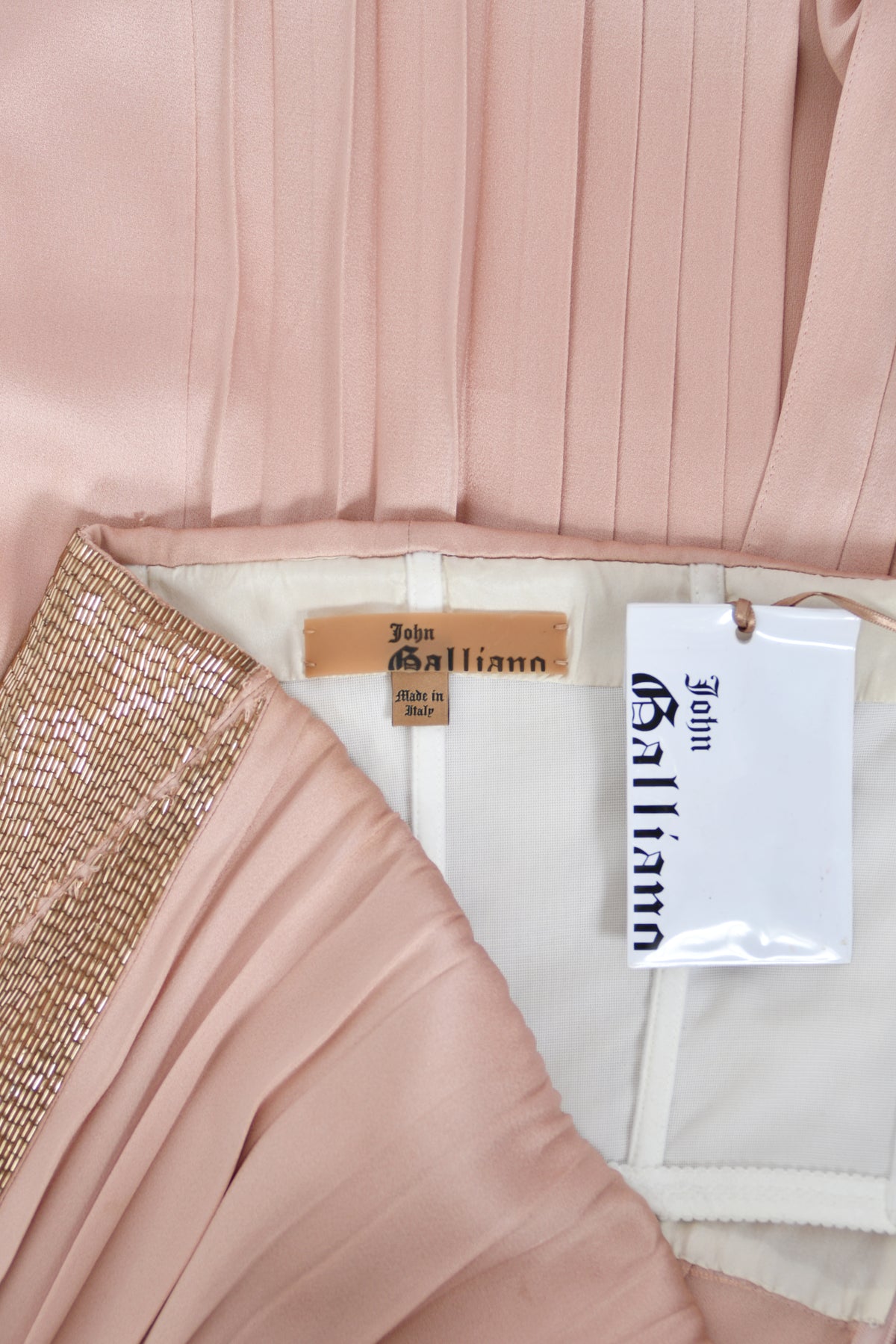 2012 John Galliano Blush Pink Silk Beaded Bustier Strapless Pleated-Side Gown