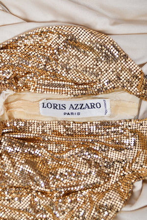 1972 Loris Azzaro Couture Ivory Silk-Jersey & Gold Metal Mesh Backless Gown w/ Cape