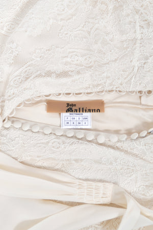 2005 John Galliano Ivory Sheer Silk Chiffon & Chantilly Lace Draped Halter Bias-Cut Gown