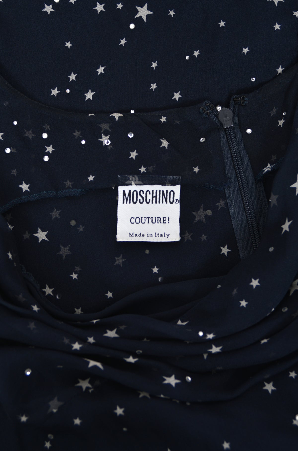 1998 Moschino Runway Navy Blue Sheer Silk Chiffon Star Motif Rhinestone Maxi Slip Dress