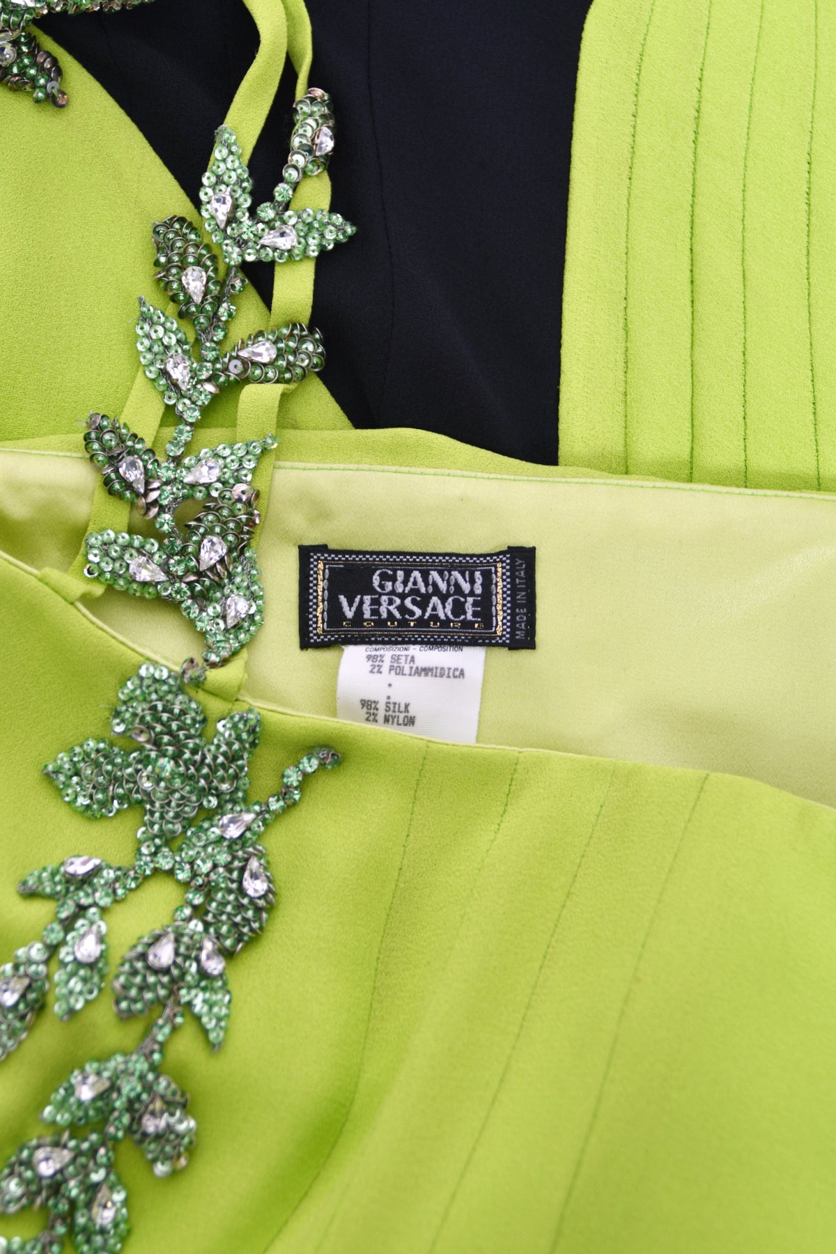 1997 Gianni Versace Lifetime Runway Lime Green & Black Embellished Silk High-Low Dress