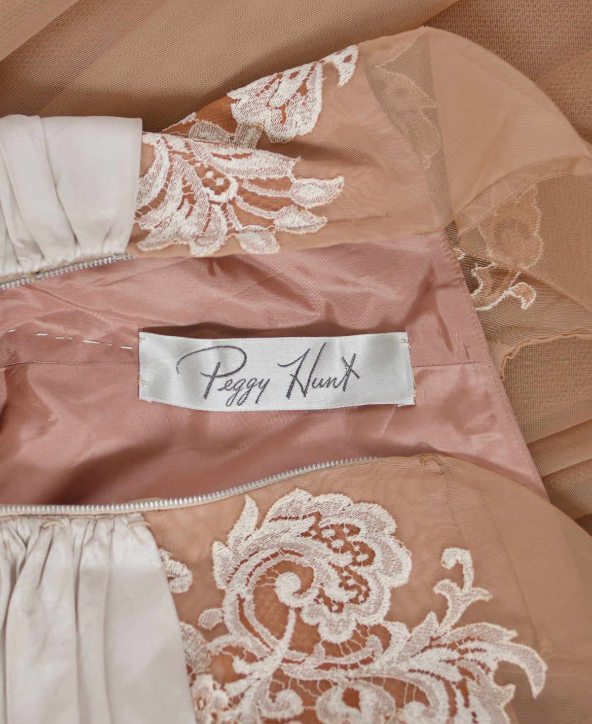 1950&#39;s Peggy Hunt Ivory Silk Appliquéd French Lace Nude-Illusion Full Skirt Dress