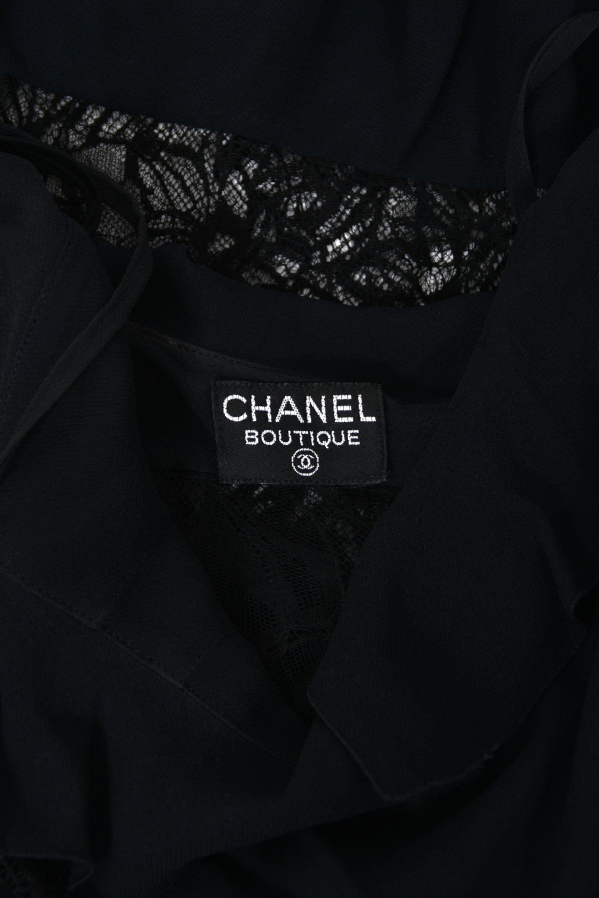1994 Chanel by Karl Lagerfeld Cruise Collection Sheer Black Lace Ruffle-Trim Lingerie Gown