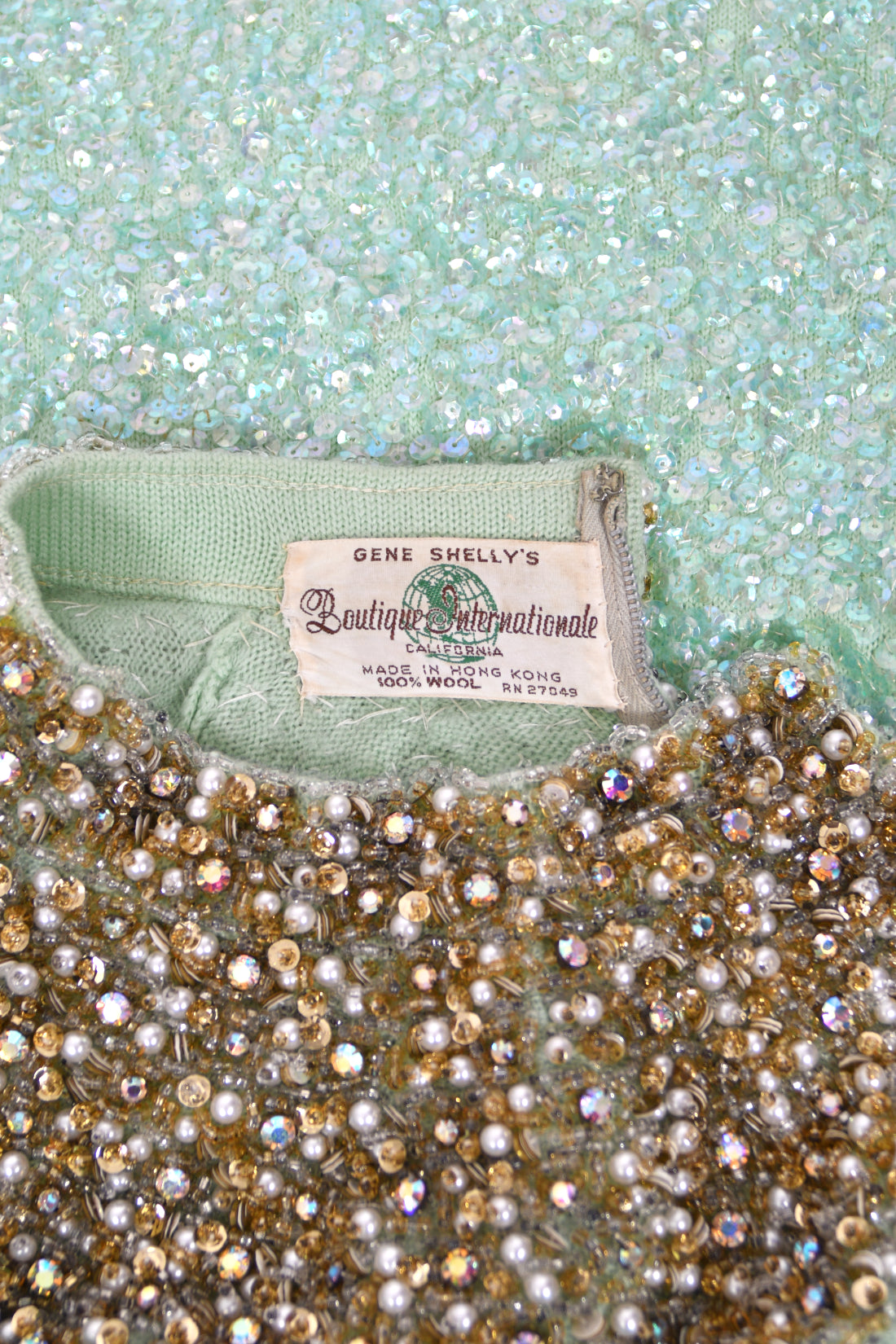 1960's Gene Shelly Seafoam Fully- Sequin Stretch Knit Beaded Collar Hourglass Gown