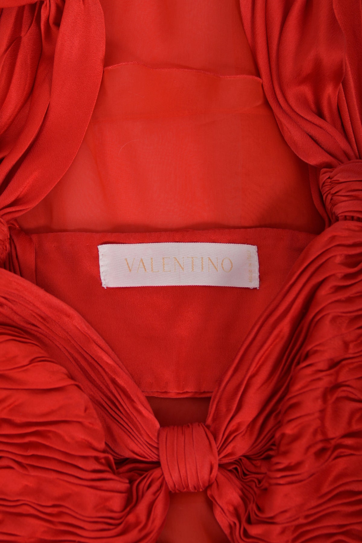 2005 Valentino Runway Iconic Red Ruched Silk Cut-Out Tiered Ruffle Gown
