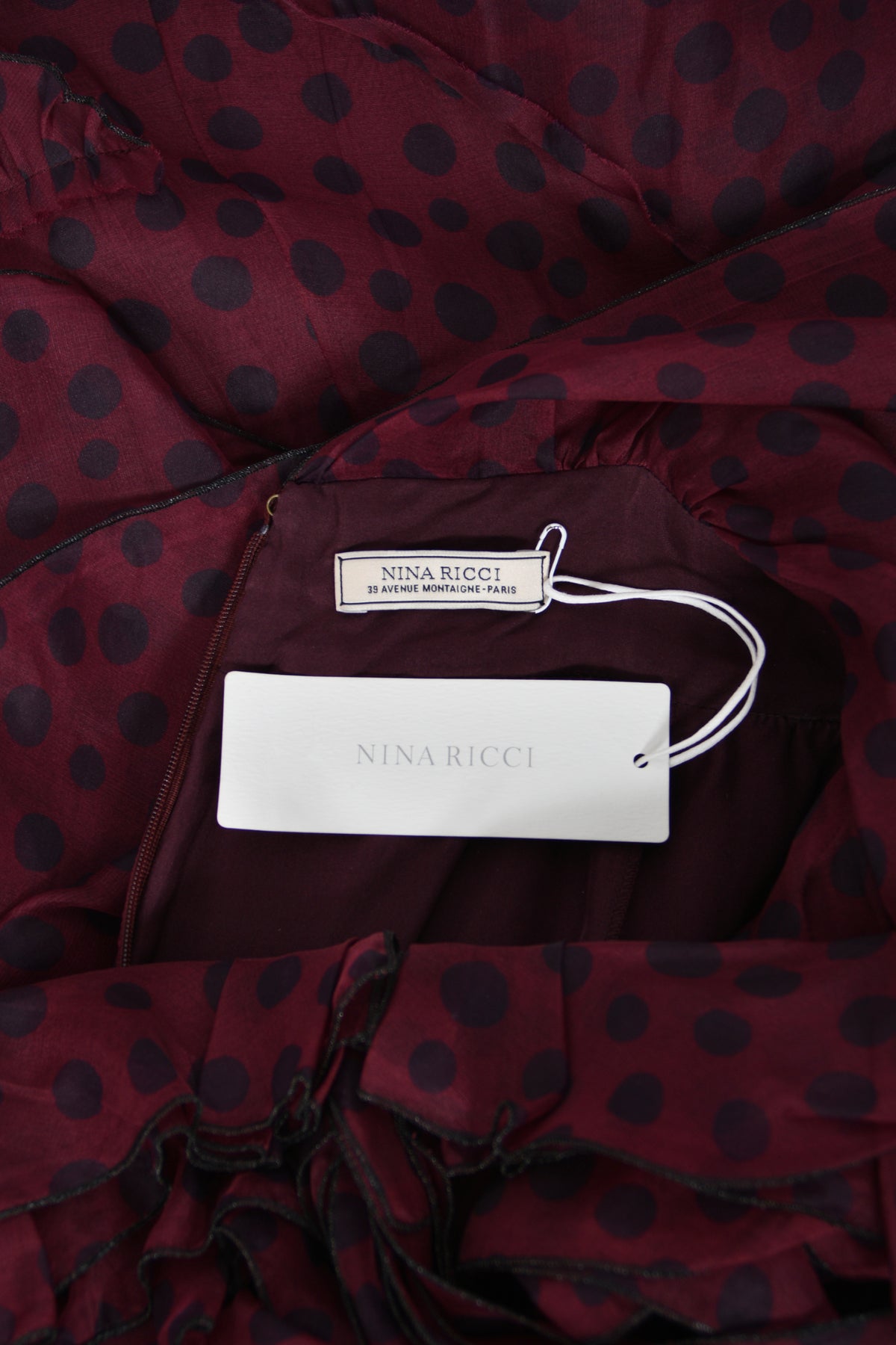 2011 Nina Ricci Editorial Burgundy & Black Polka-Dot Silk Tiered Ruffle Trained Gown w/ Tags