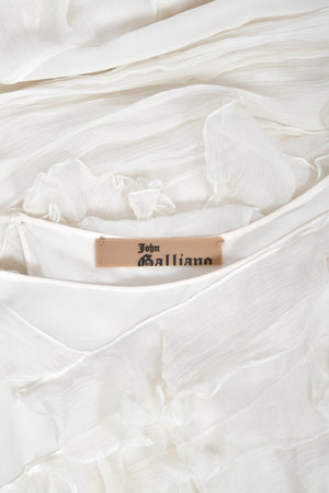 2006 John Galliano Ivory Tiered Ruffle Sheer Silk Chiffon Pearl Straps Bias-Cut Slip Gown