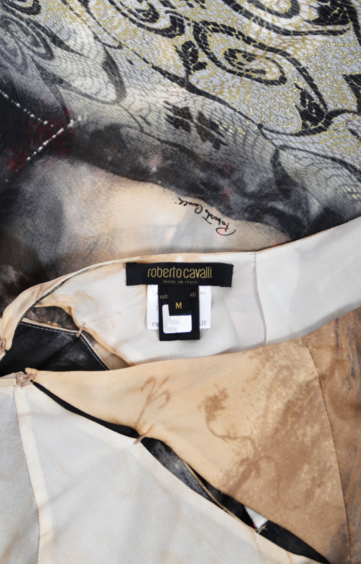 2004 Roberto Cavalli Runway Look 27 Metallic Silk &#39;Lady Print&#39; Cut-Out Gown