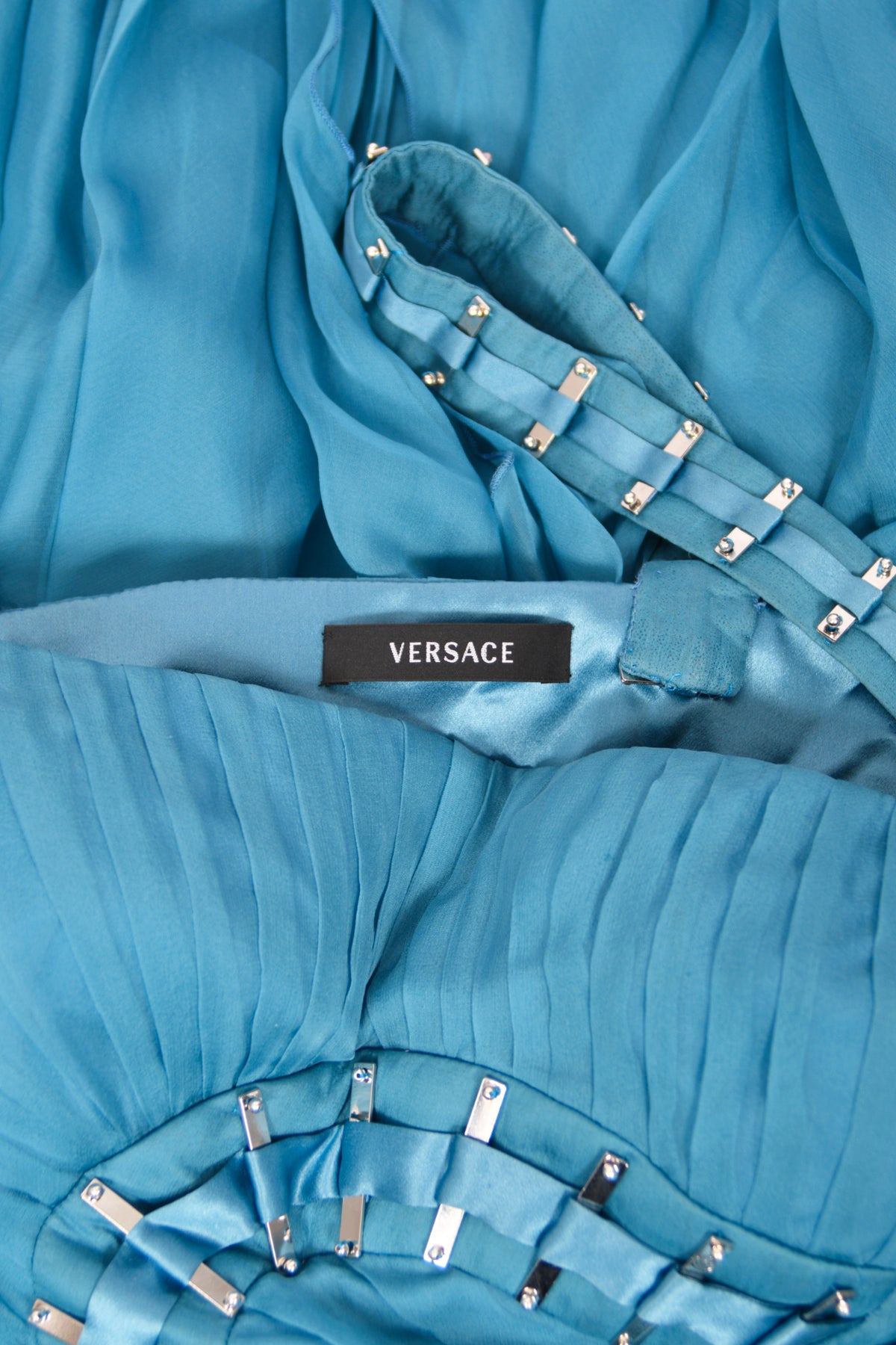 2009 Versace Runway Embellished Blue Silk Chiffon One-Shoulder High Low Gown