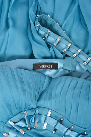 2009 Versace Runway Embellished Blue Silk Chiffon One-Shoulder High Low Gown