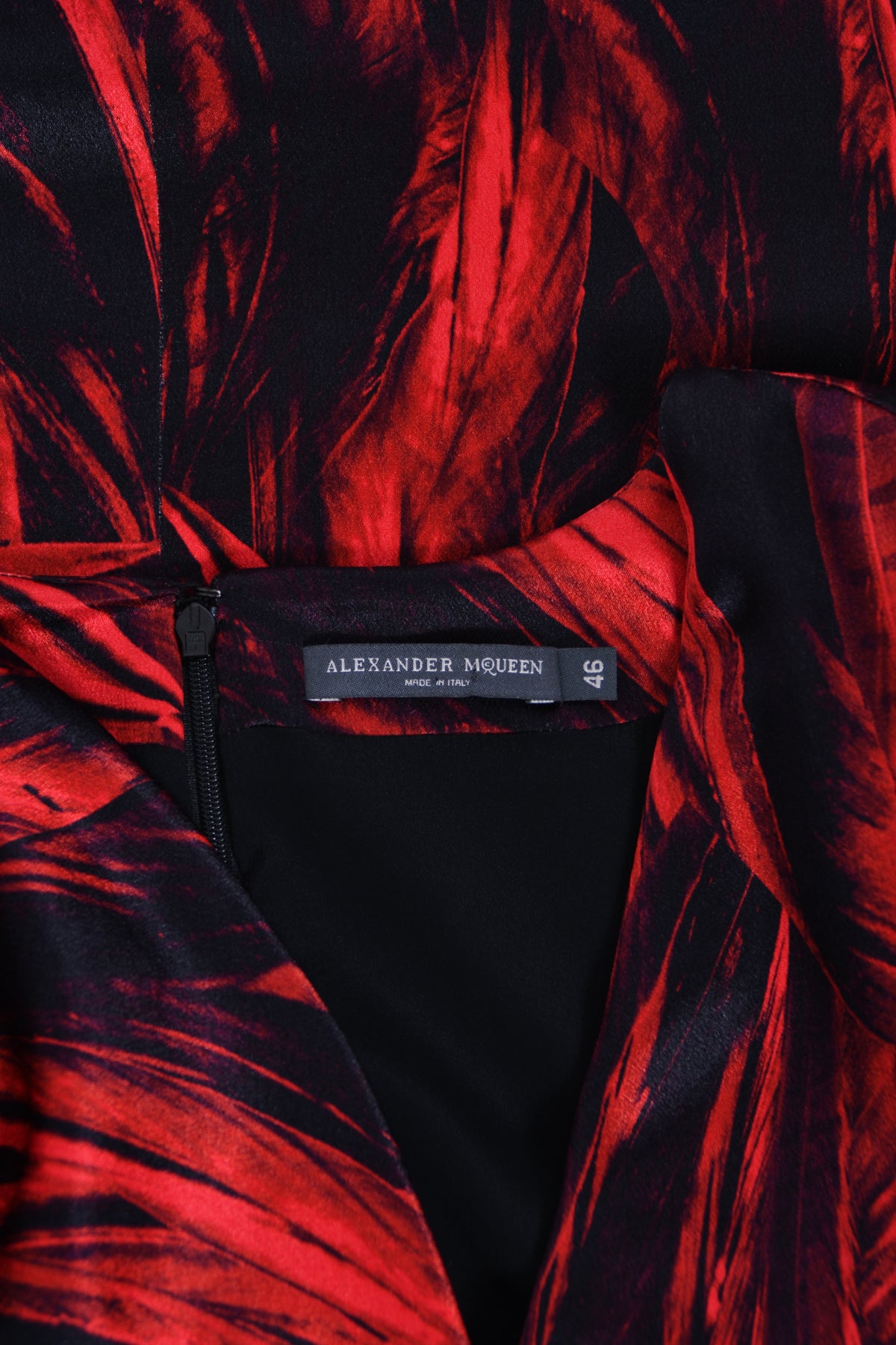 2009 Alexander McQueen Lifetime Red &amp; Black Feather Print Silk Hourglass Gown