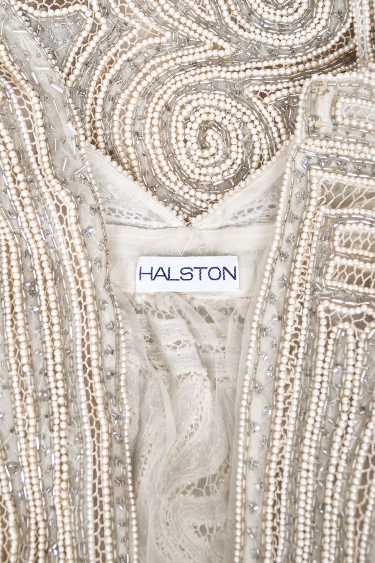 1982 Halston Runway Beaded Sheer Illusion Champagne Lace Backless Halter Wrap Gown