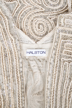 1982 Halston Runway Beaded Sheer Illusion Champagne Lace Backless Halter Wrap Gown