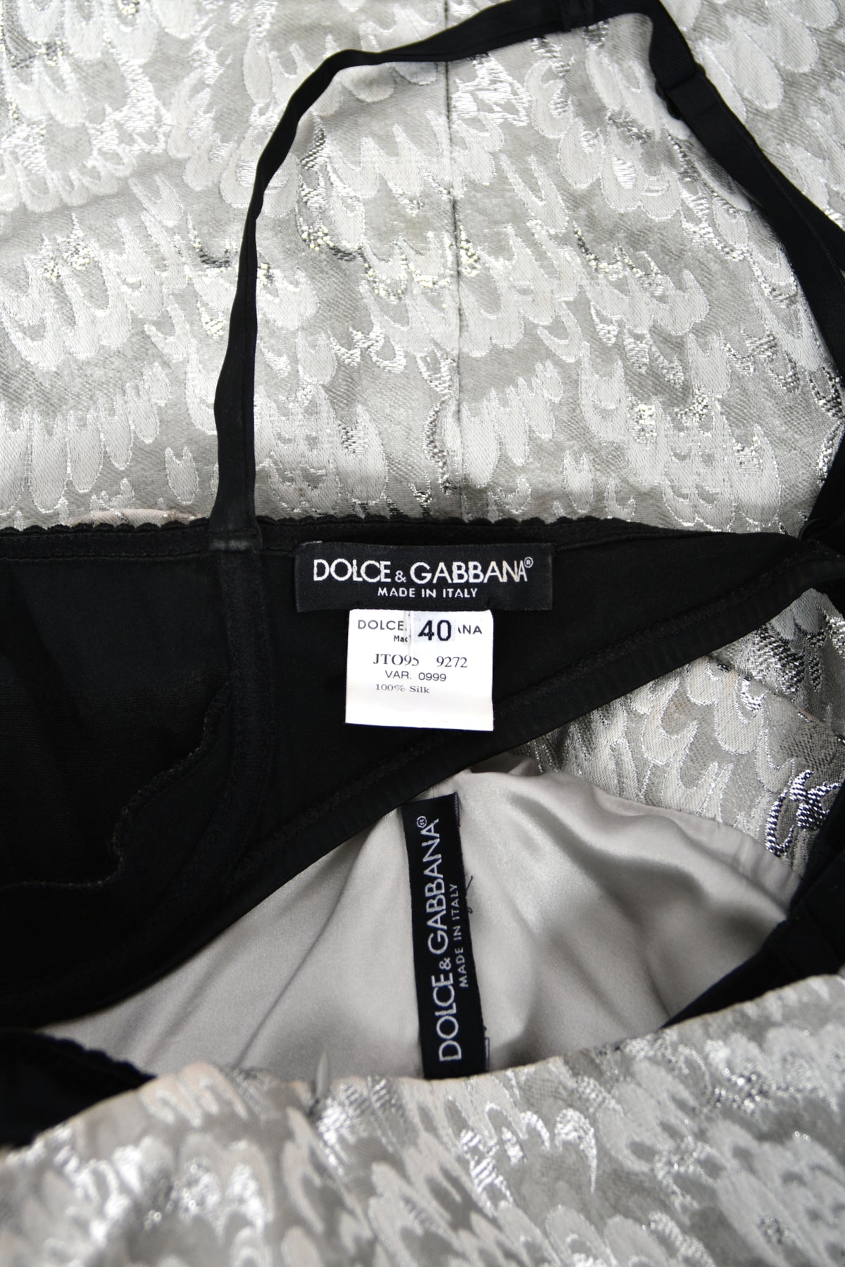 2003 Dolce &amp; Gabbana Metallic Silver Brocade Built-In Bra Hourglass Corset Dress