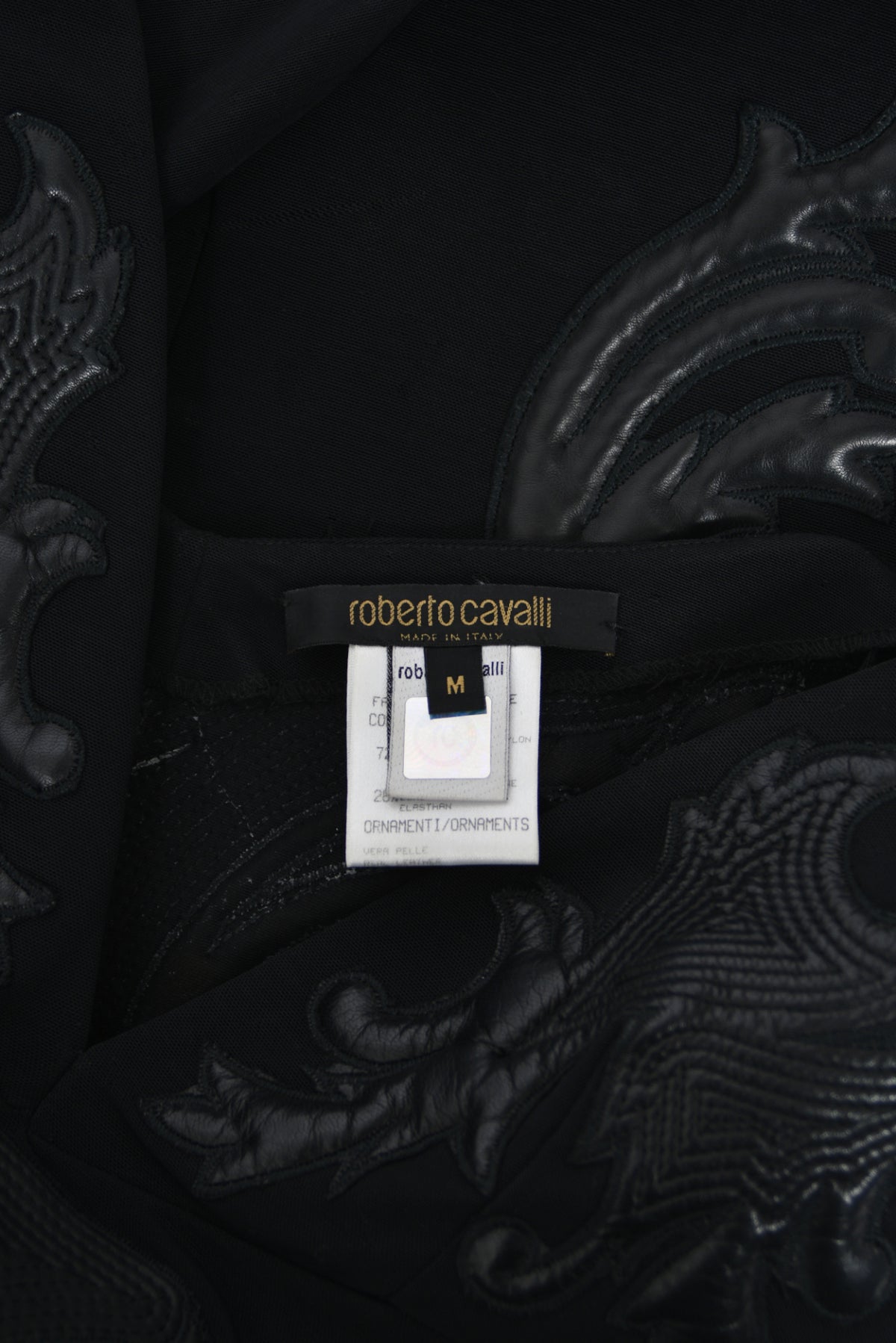 2002 Roberto Cavalli Black Leather Appliqué Sheer Mesh Low-Cut Hourglass Gown