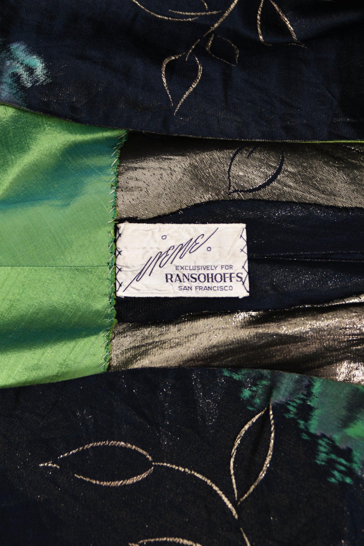 1950 Irene Lentz Couture Metallic Green & Black Floral Silk Sculpted Bustier High-Low Gown