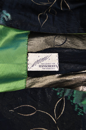 1950 Irene Lentz Couture Metallic Green & Black Floral Silk Sculpted Bustier High-Low Gown