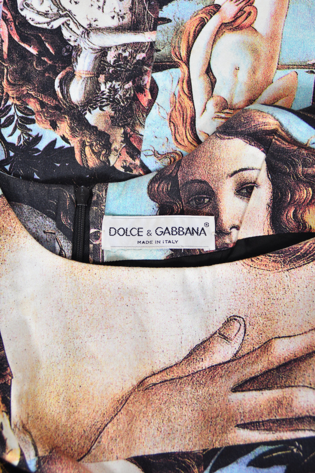 1993 Dolce &amp; Gabbana Iconic Runway &#39;Birth of Venus&#39; Collage Print High-Slit Hourglass Dress