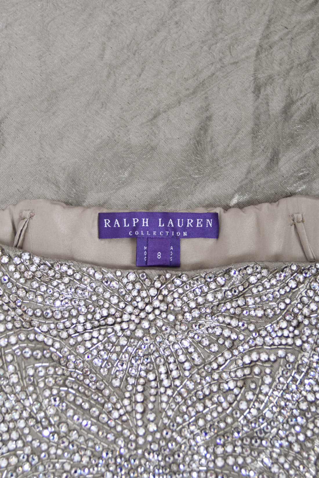 2007 Ralph Lauren Beaded Rhinestone Metallic Silver Lamé Strapless Bias-Cut Gown