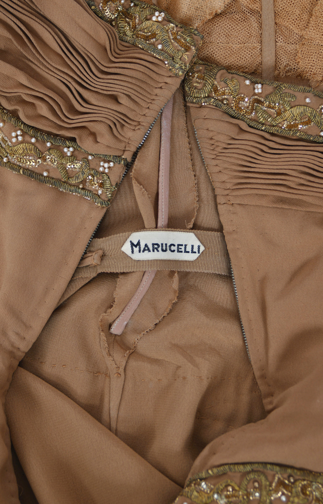 1950&#39;s Germana Marucelli Italian Couture Mocha Silk Pleated Strapless Gown