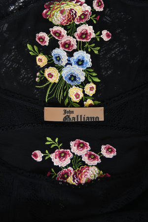 2003 John Galliano Embroidered Floral Sheer Black Pointelle Stretch Knit Bias-Cut Gown