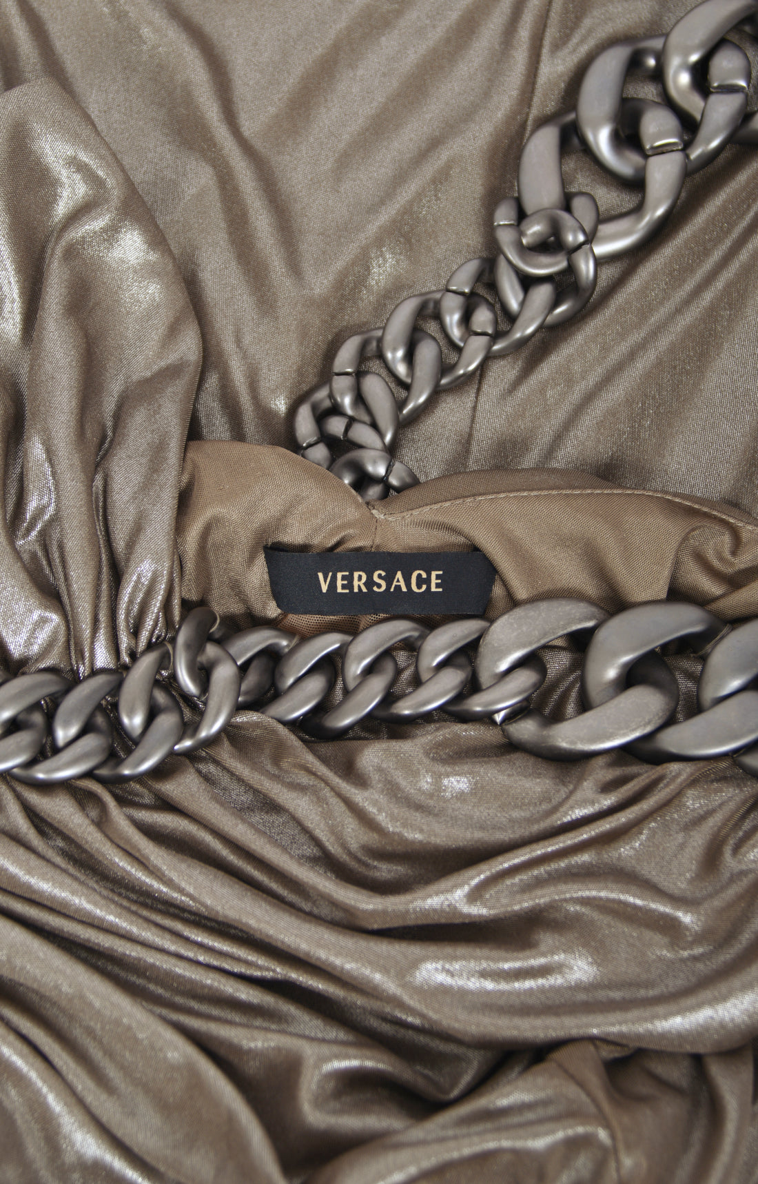 2007 Versace Smokey Metallic Stretch Silk Chain Straps Hourglass Gown