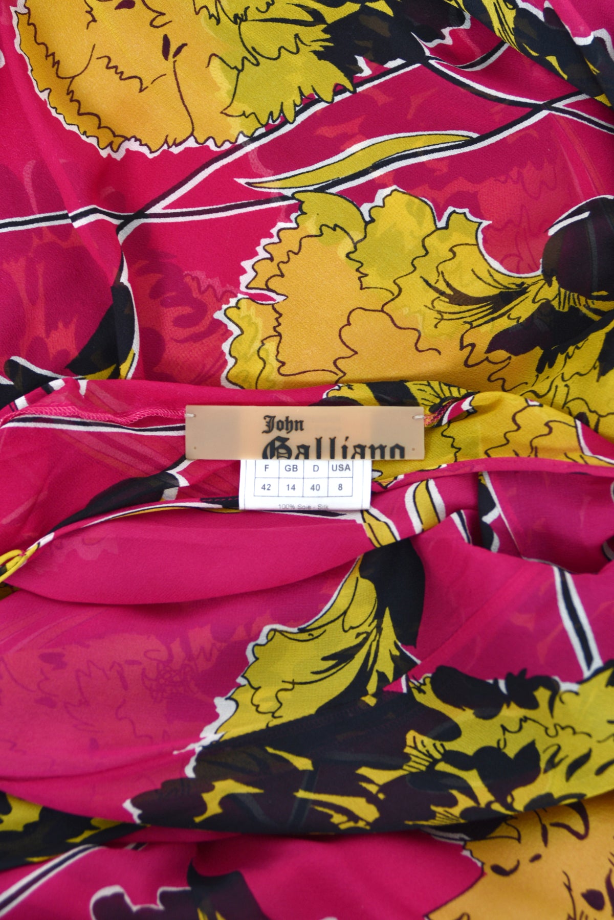 2005 John Galliano 'Renee Collection' Shocking Pink Large Scale Floral Silk Bias-Cut Trained Gown