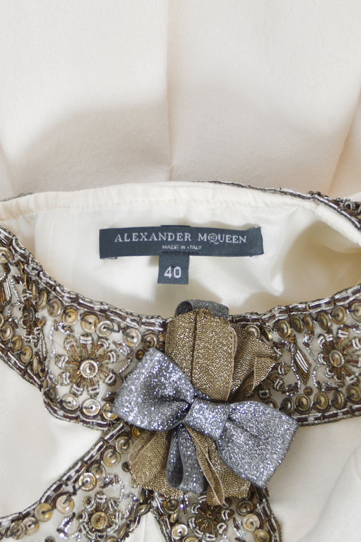 2003 Alexander McQueen Metallic Beaded Embroidered Ivory Wool Open-Back Dress