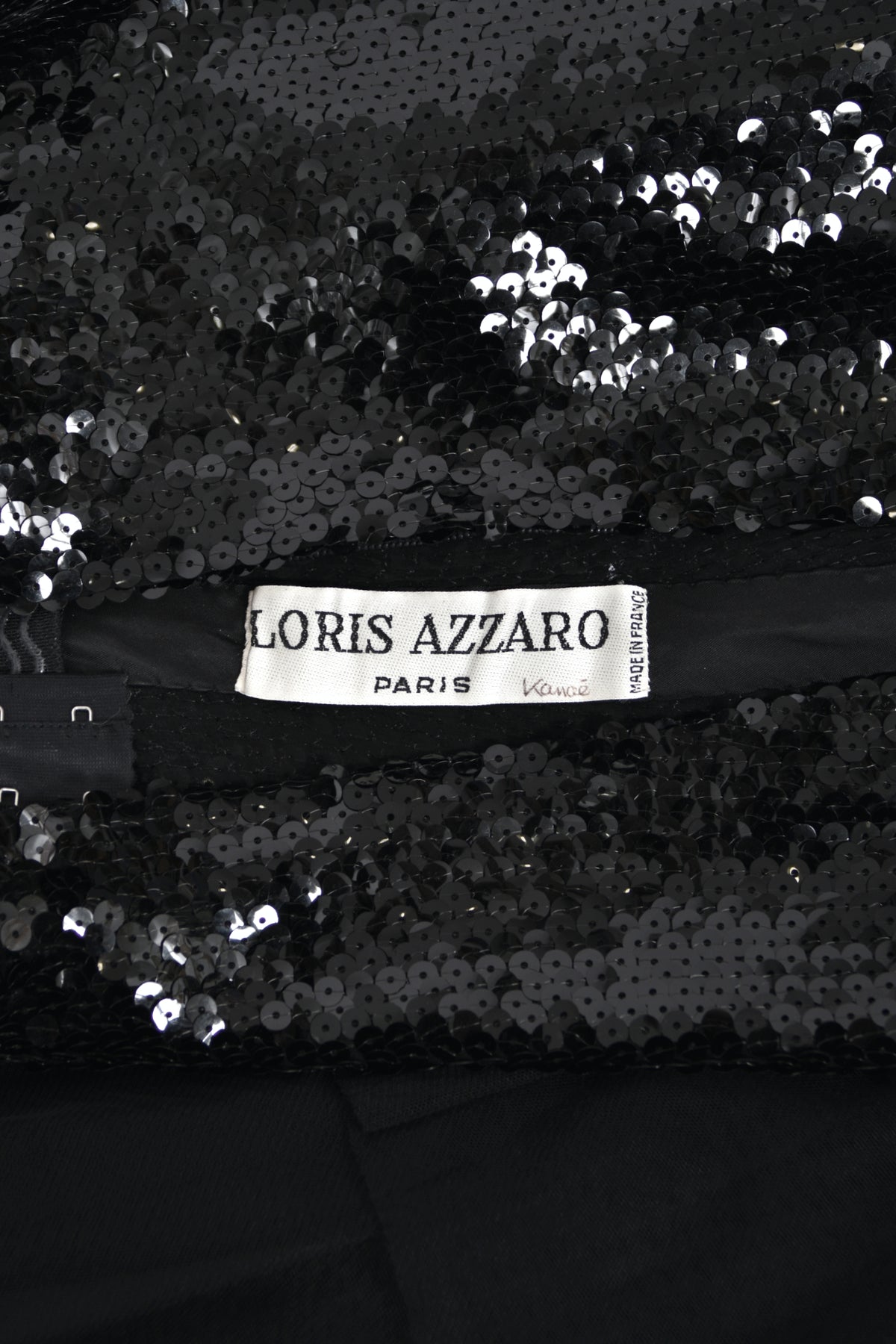 1978 Loris Azzaro Couture Black Sequin Strapless Tiered-Ruffle Gown & Sheer Capelet