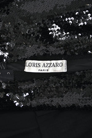 1978 Loris Azzaro Couture Black Sequin Strapless Tiered-Ruffle Gown & Sheer Capelet