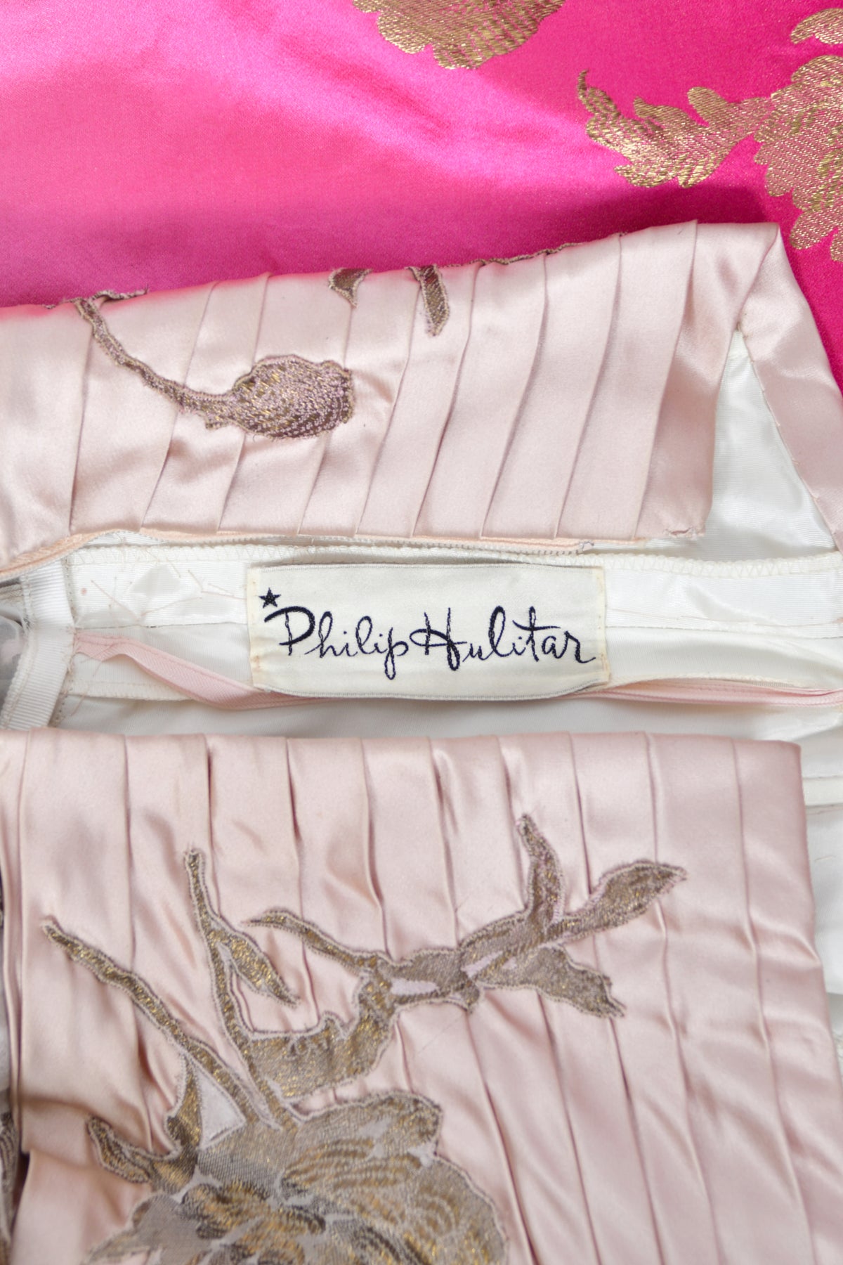 1950’s Philip Hulitar Couture Metallic Floral Ombré Pink Silk Satin Appliquéd Strapless Gown