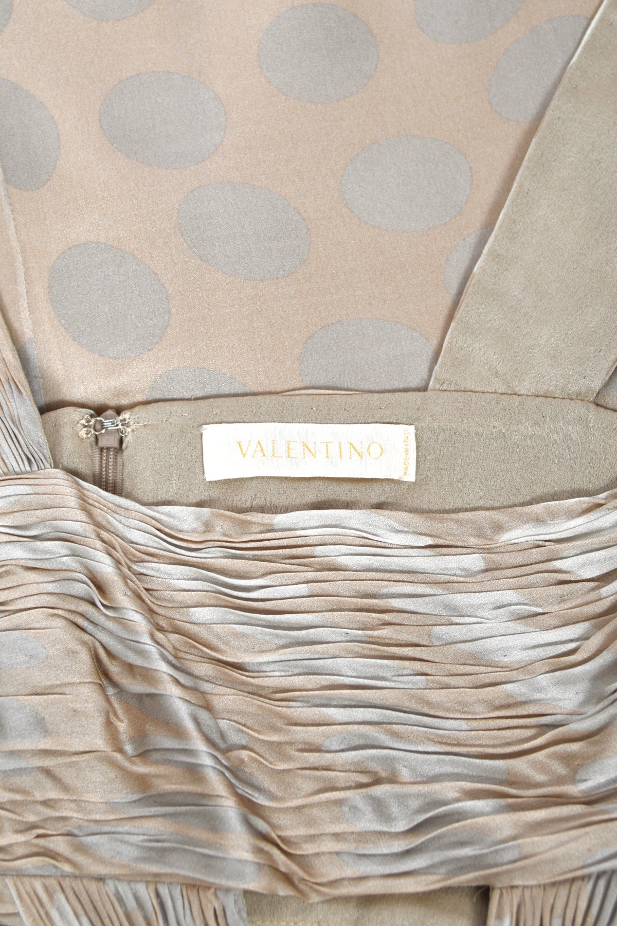 2008 Valentino Runway Polka-Dot Champagne &amp; Silver Silk Ruched Cut-Out Gown