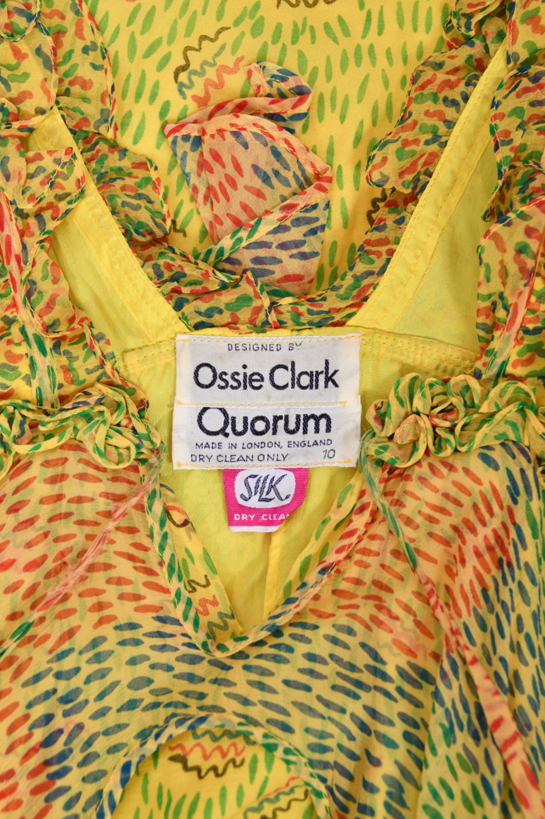 1971 Ossie Clark for Quorum Celia Birtwell Yellow Print Sheer Silk Chiffon Cut-Out Dress