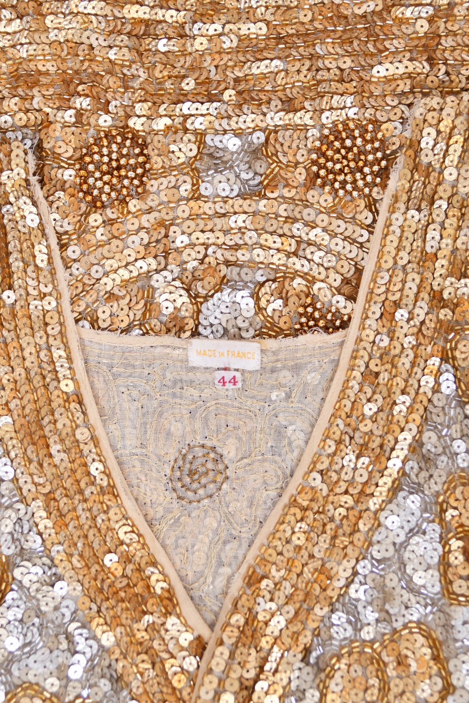 1920&#39;s French Couture Metallic Gold Beaded Sequin Cotton-Net Flapper Dress