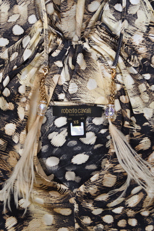 2004 Roberto Cavalli Feather Print Silk Halter Cut-Out Tiered Ruffle Bias-Cut Gown