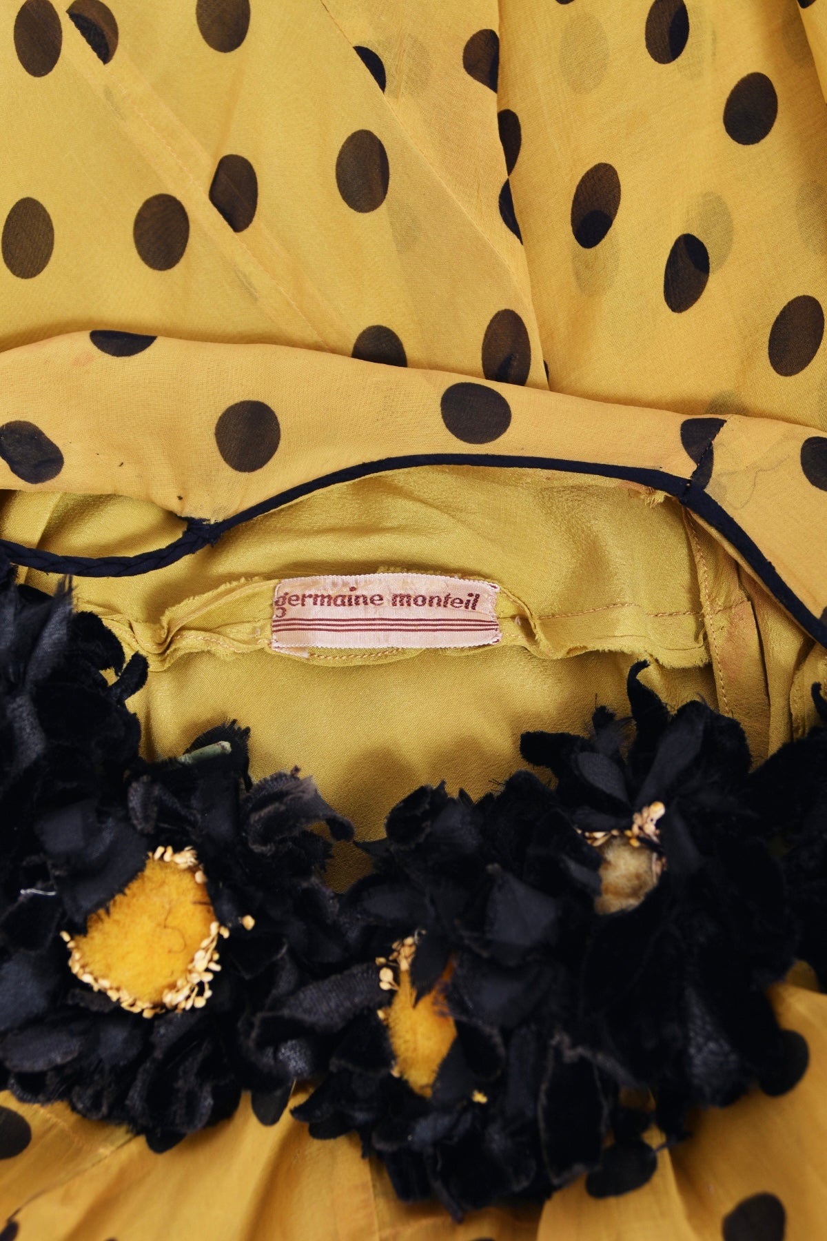 1930&#39;s Germaine Monteil Couture Polka Dot Silk Appliqué Bias-Cut Gown w/ Capelet