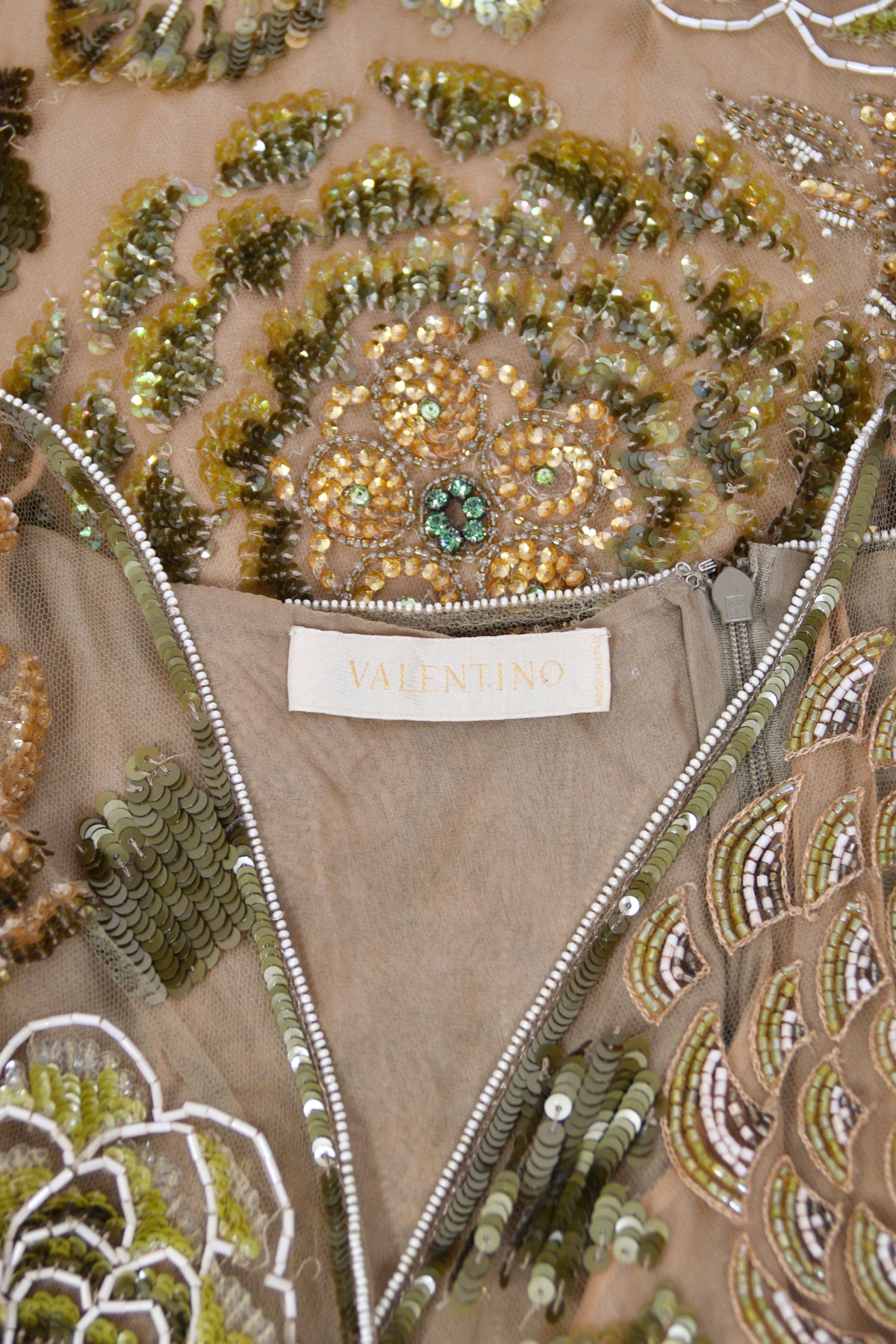 2003 Valentino Runway Heavily Embellished Jeweled Low Cut Nude-Illusion Sheer Net Dress