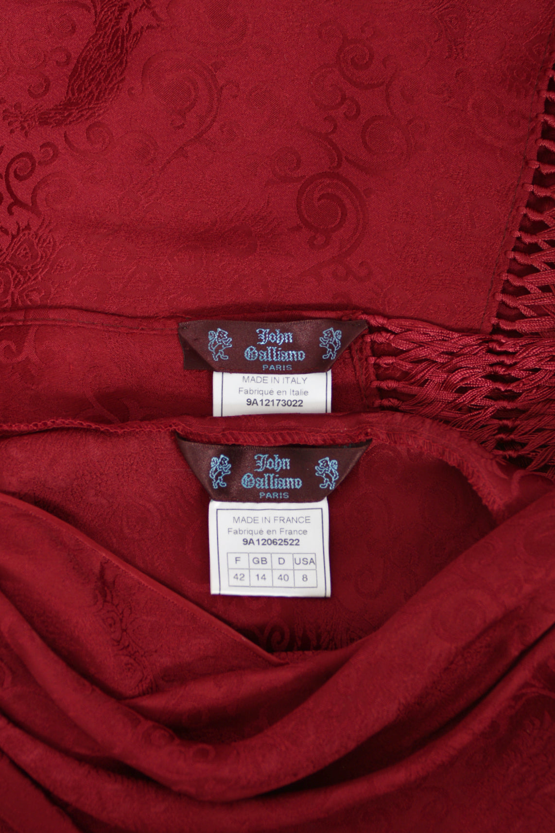 1999 John Galliano Maori Collection Merlot Red Silk Bias-Cut Gown w/ Fringed Shawl