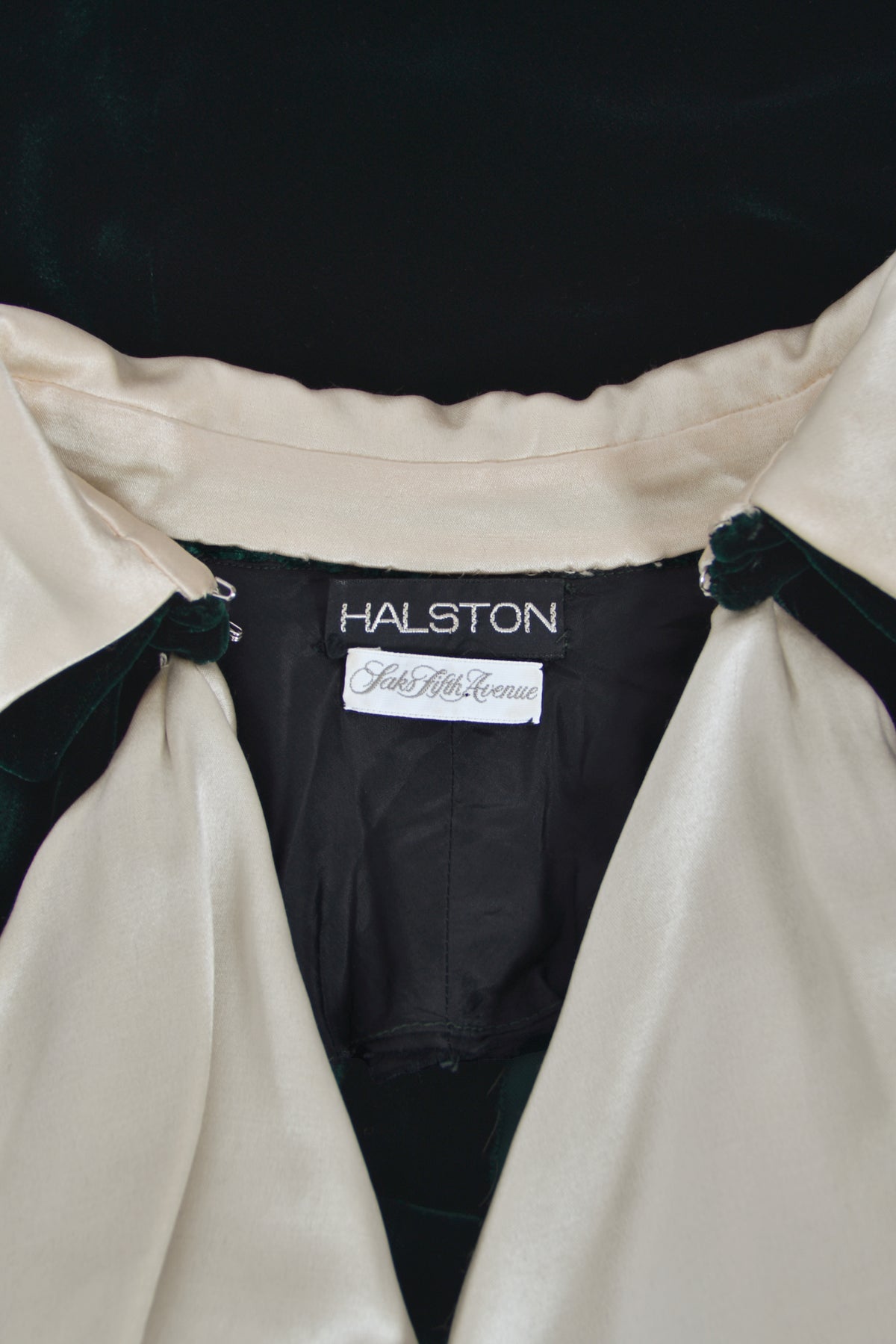 1978 Halston Couture Dark Green Velvet & Ivory Silk Ruffle Bodice Bias-Cut Gown