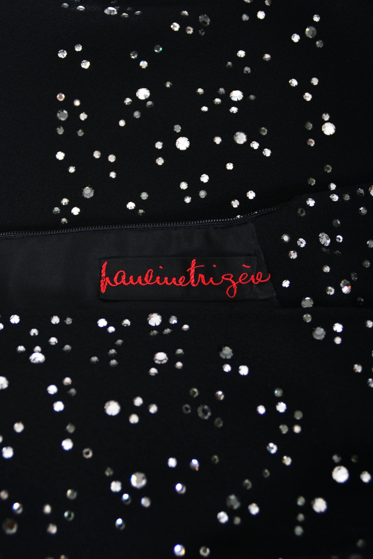 1960&#39;s Pauline Trigère Rhinestone Studded Black Wool Mod Trapeze Dress