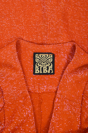1974 Biba by Barbara Hulanicki Metallic Orange Lurex Angel-Sleeve High Slit Maxi Dress