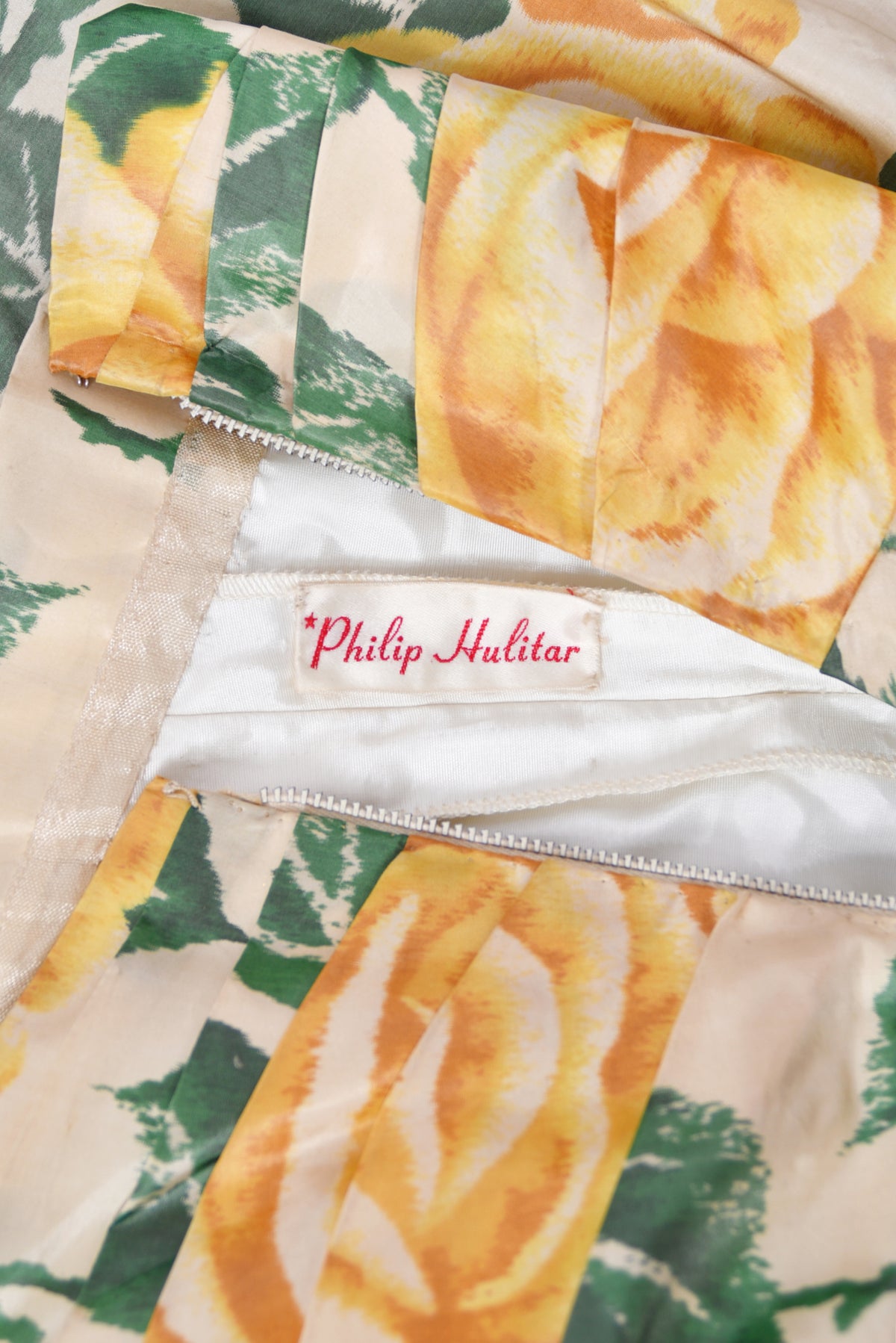 1950's Philip Hulitar Couture Yellow Roses Watercolor Silk Strapless Sculpted Party Dress