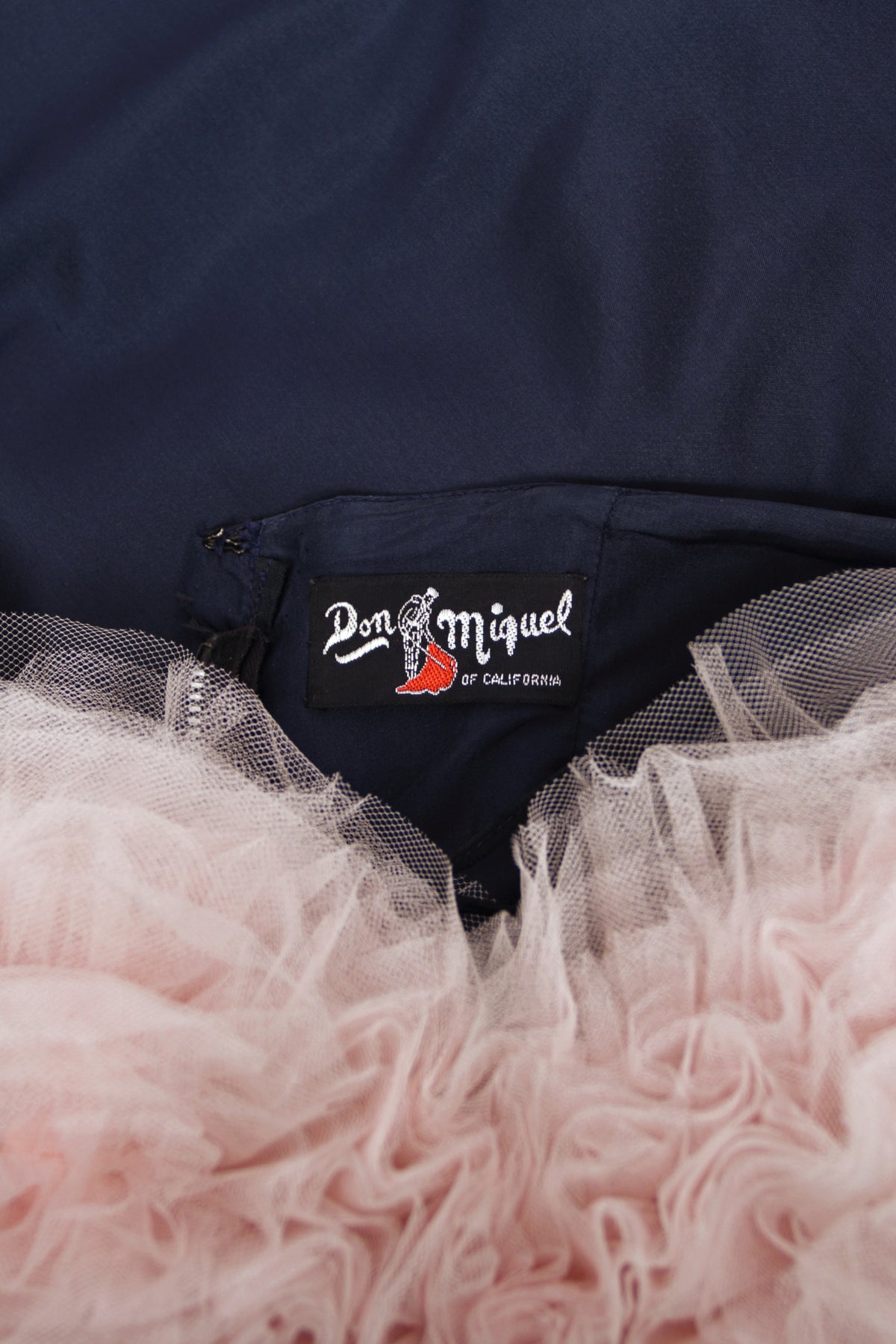 1950's Don Miguel of California Navy Silk &amp; Blush Pink Tulle Ruffle Shelf-Bust Strapless Dress