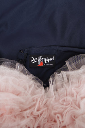 1950's Don Miguel of California Navy Silk & Blush Pink Tulle Ruffle Shelf-Bust Strapless Dress