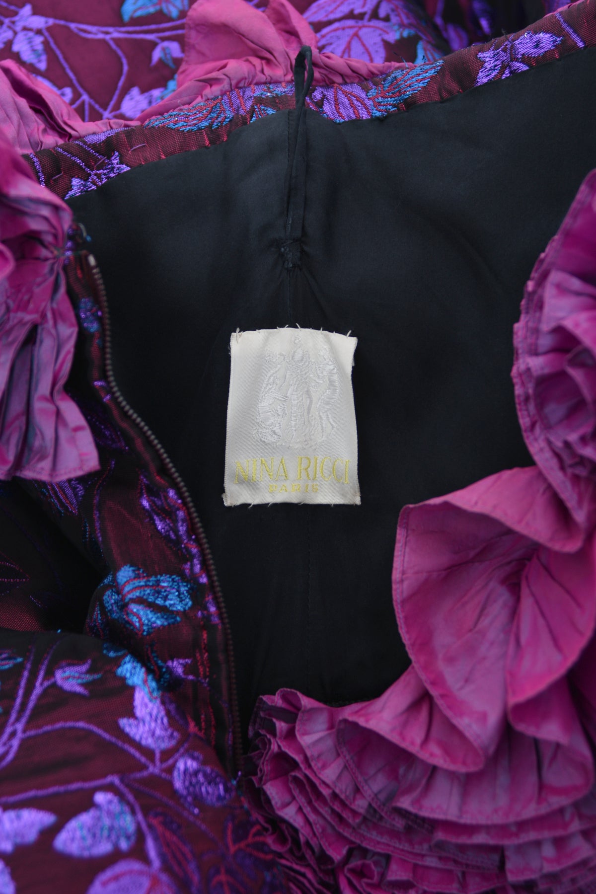 1989 Nina Ricci Haute Couture Metallic Fuchsia Silk Brocade Strapless Skirted Dress