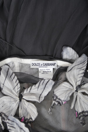 1998 Dolce & Gabbana 'Stromboli Collection' Hand-Painted Butterflies Grey Sheer Silk Corset Gown